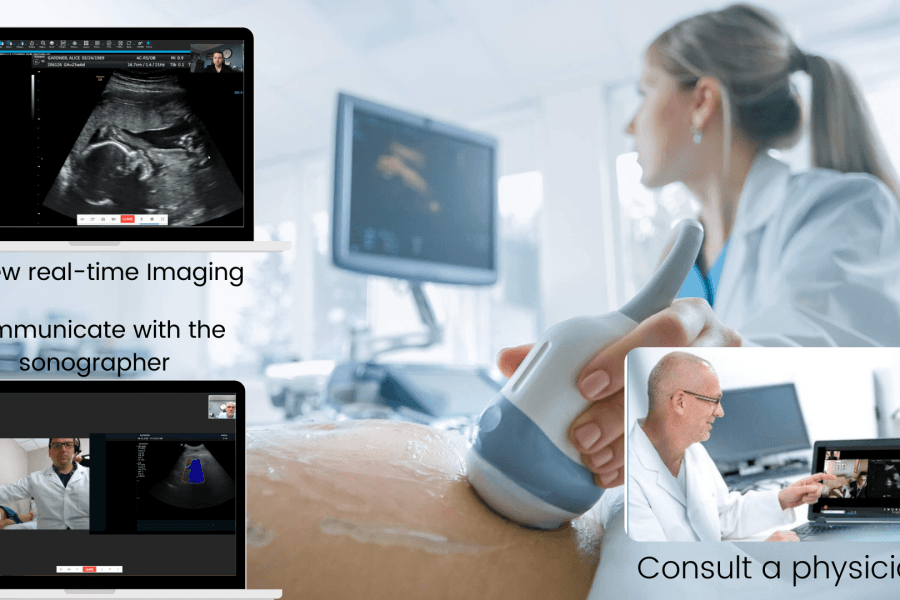A remote physician reviewing a live ultrasound stream while consulting during a TeleRay session