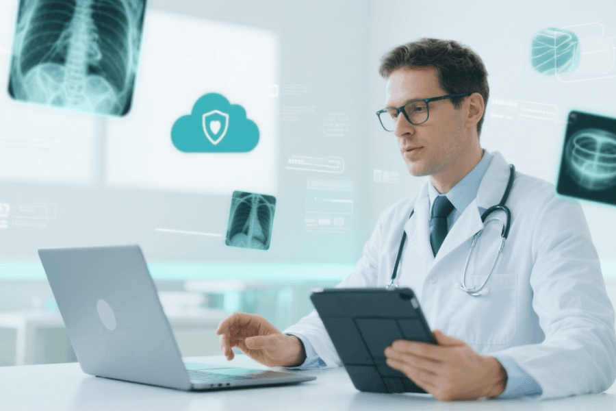 A radiologist reviewing X-ray studies with a secure-cloud indicator