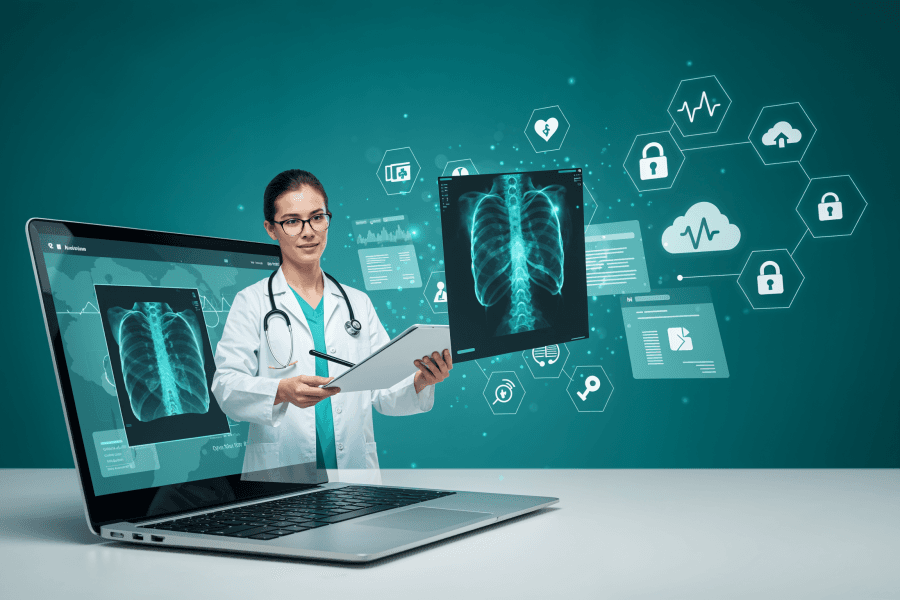 A clinician reviewing a streamed X-ray during a TeleRay virtual-care session
